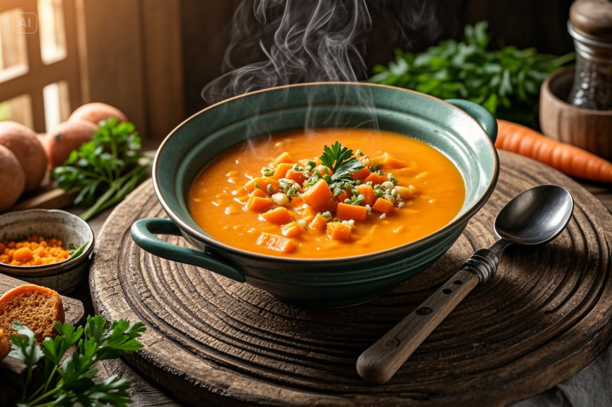 Carrots and sweet potatoes on a wooden tablez