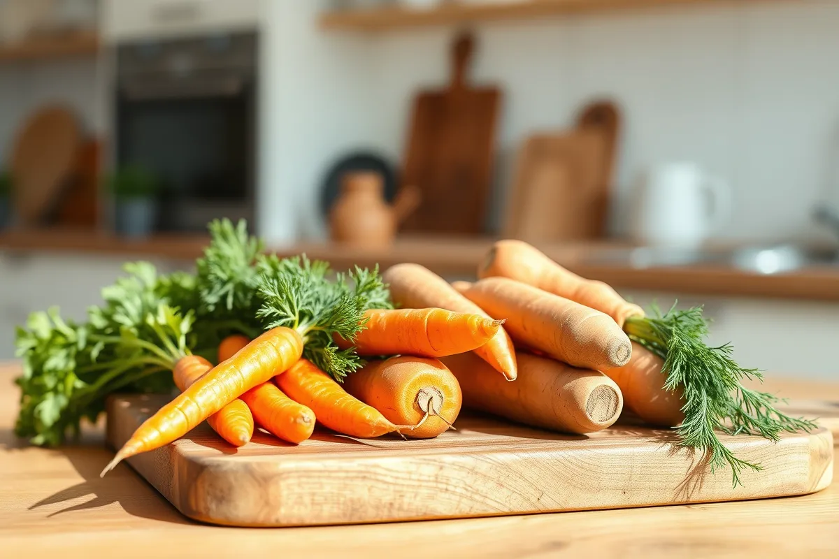 Carrots and sweet potatoes on a cutting board