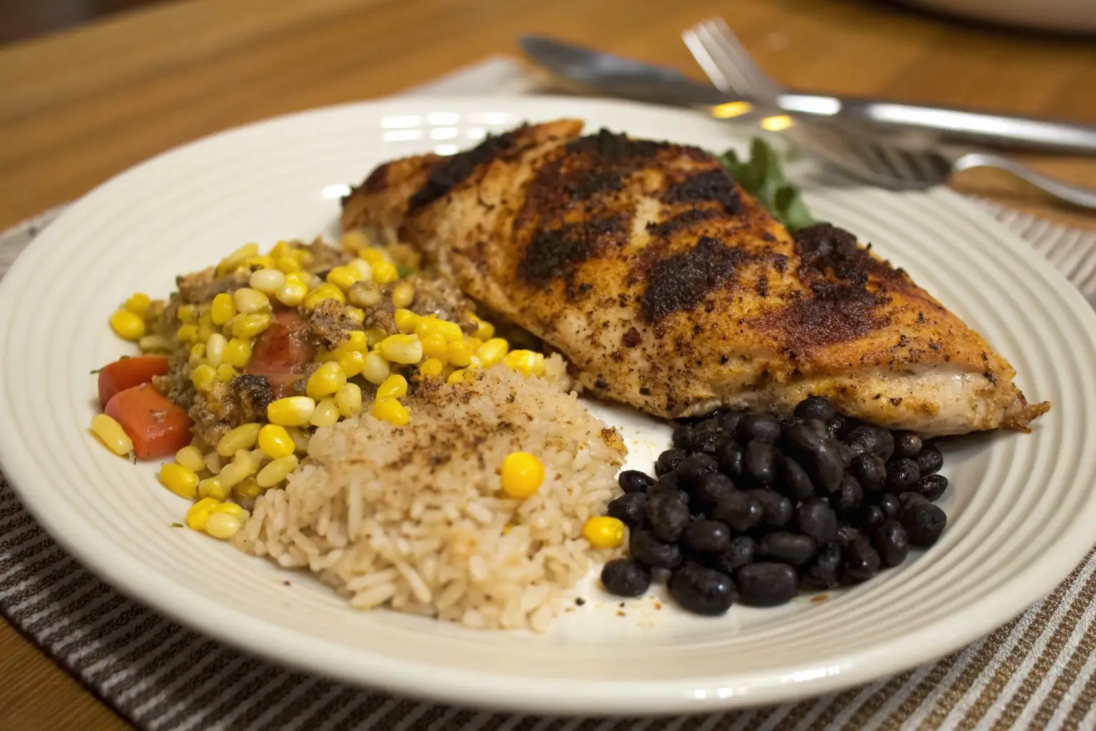 Chicken seasoned with taco seasoning served with rice and vegetables