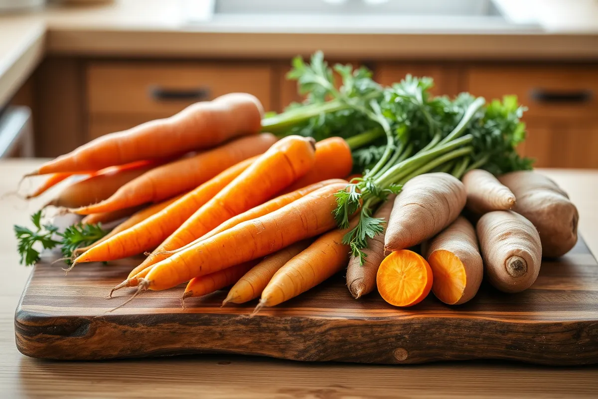 Carrots and sweet potatoes arranged on a wooden cutting board