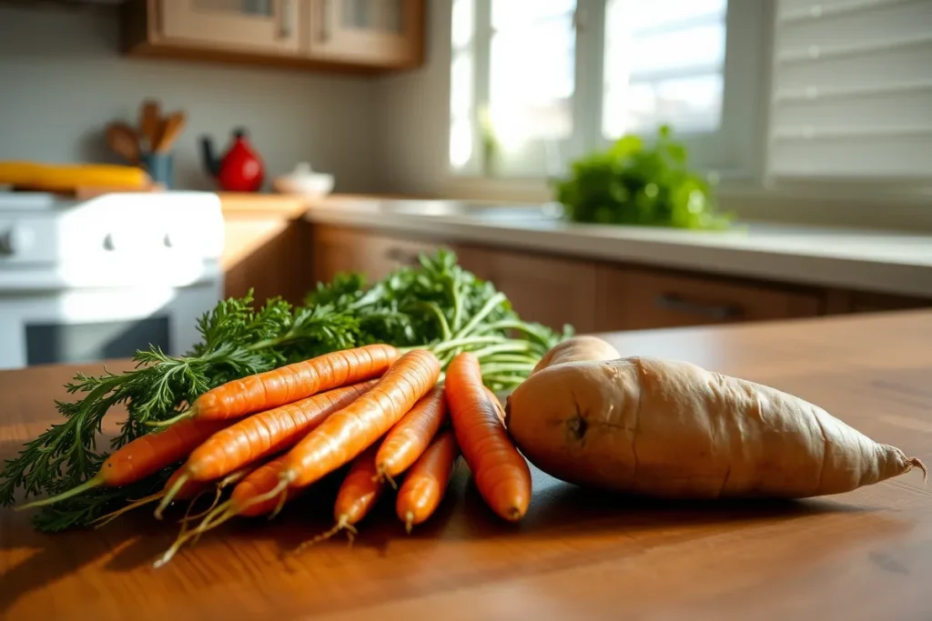 Carrots and sweet potatoes on a kitchen table Which Has More Vitamin A: Carrots or Sweet Potatoes: Which Has More Vitamin A?