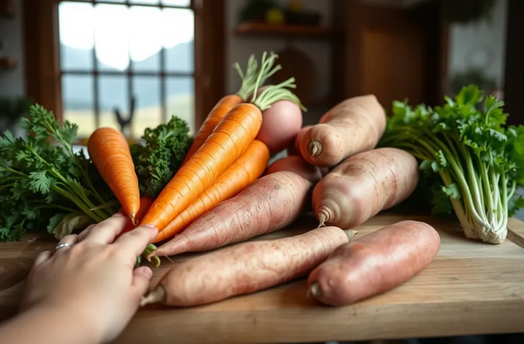 Are carrots and sweet potatoes healthy? Carrots and sweet potatoes on a wooden table