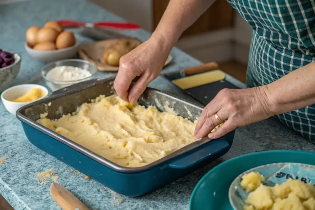 Potato kugel being assembled