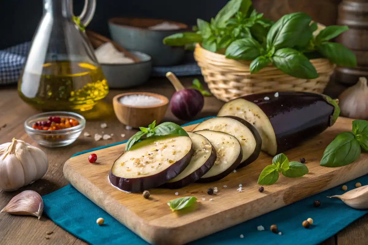 Fresh aubergines with basil and olive oil