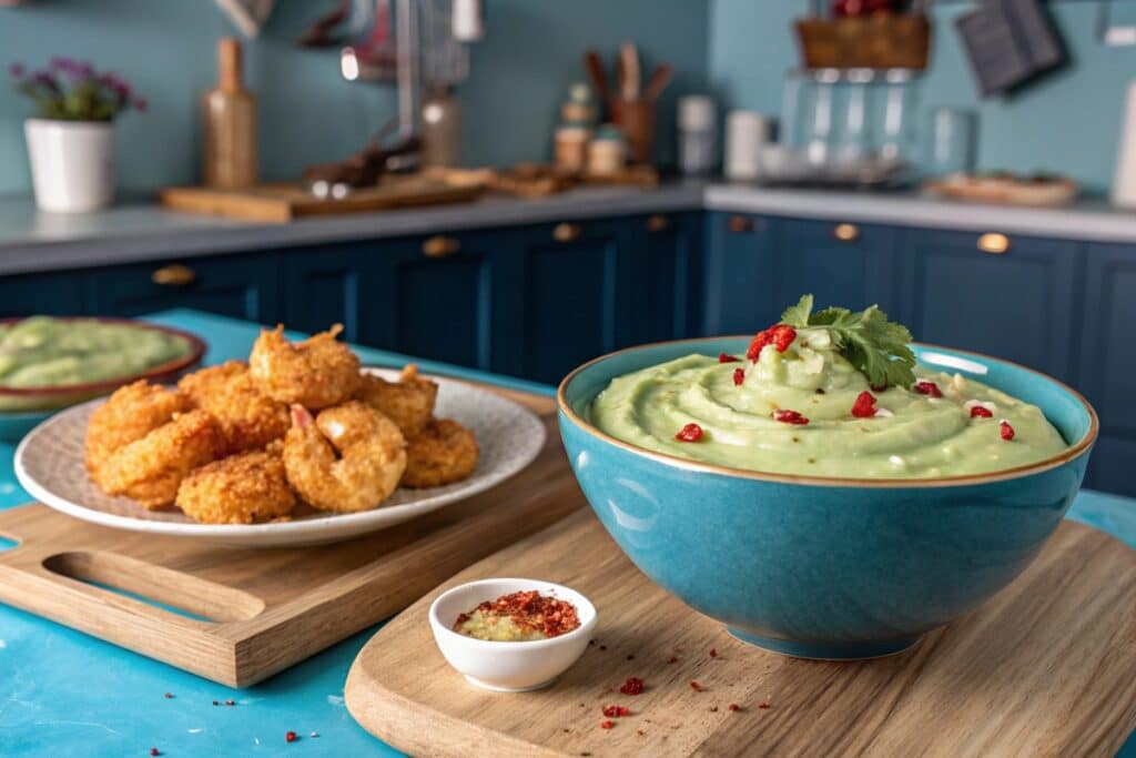 Bang bang shrimp paired with creamy avocado yogurt dip