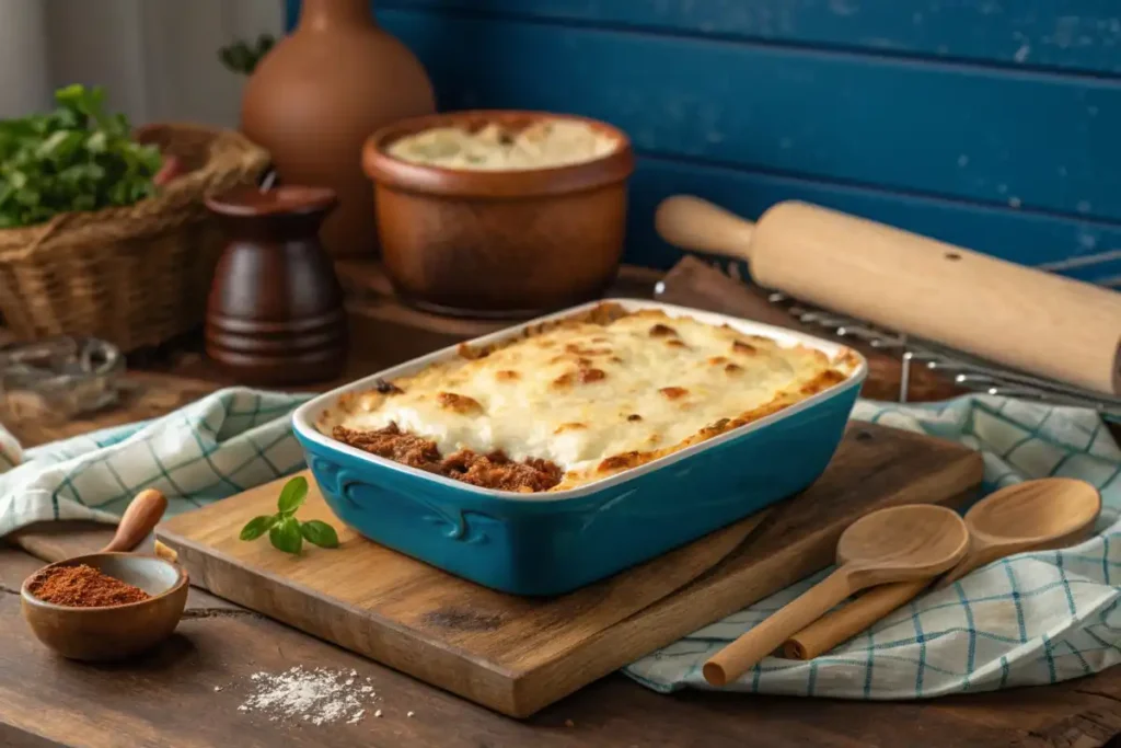 Creamy béchamel-topped musakka just baked