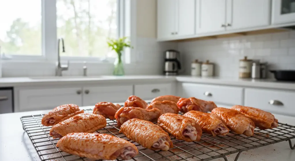 Baked chicken wings on a wire rack