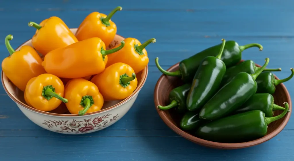 Banana peppers and jalapeños placed together for visual comparison