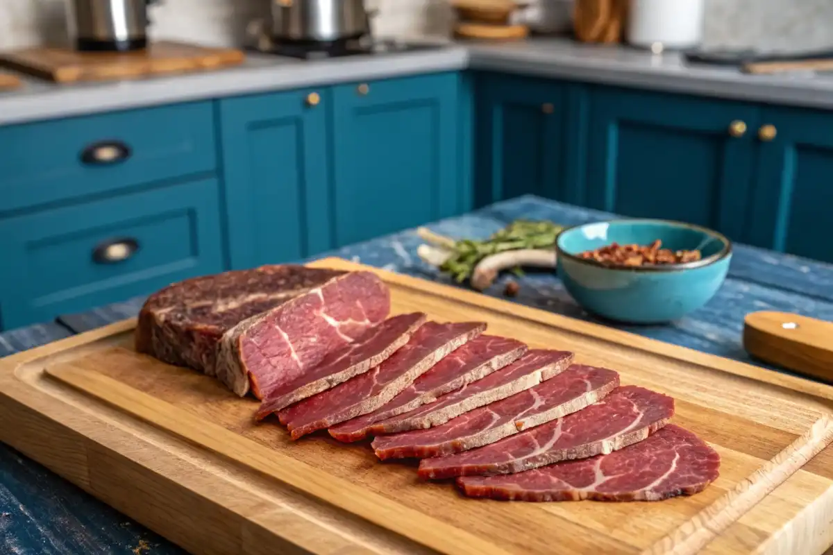 Strips of beef bacon arranged on a wooden board