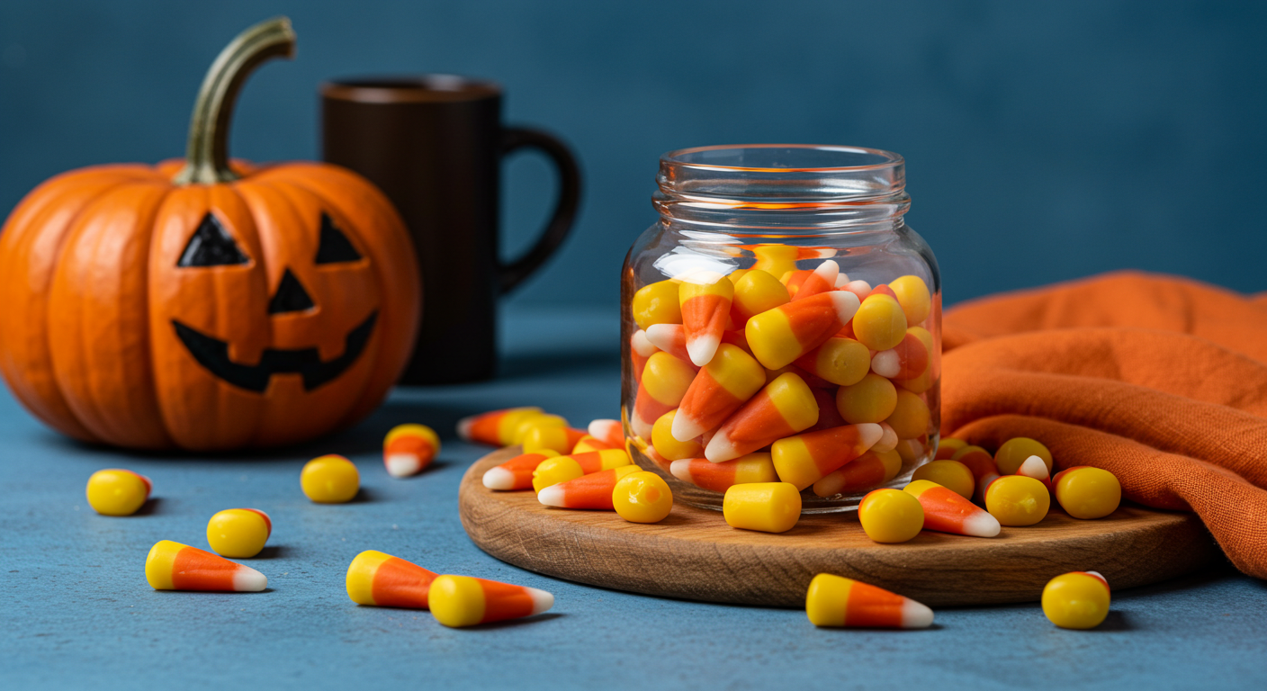 A close-up image of a bowl of candy corn showing its tri-color design in orange, yellow, and white