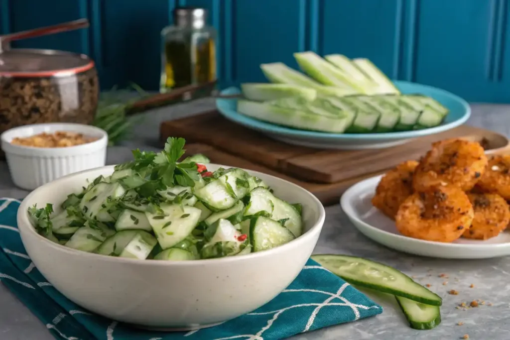 Bright cucumber salad next to bang bang shrimp