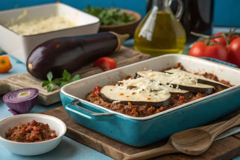 Cooking layers of eggplant and ground meat , Is moussaka Greek or Arab?