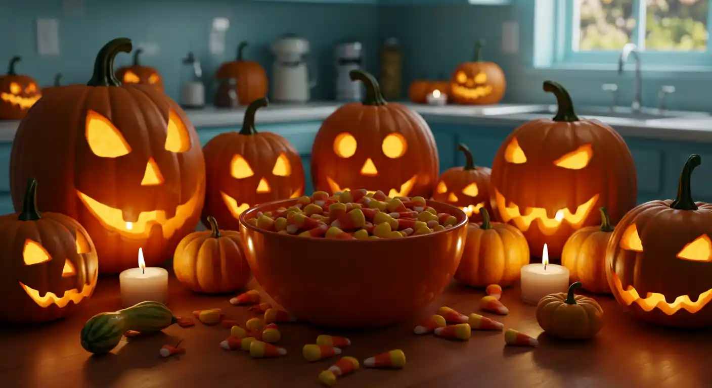 A bowl of candy corn on a festive Halloween table