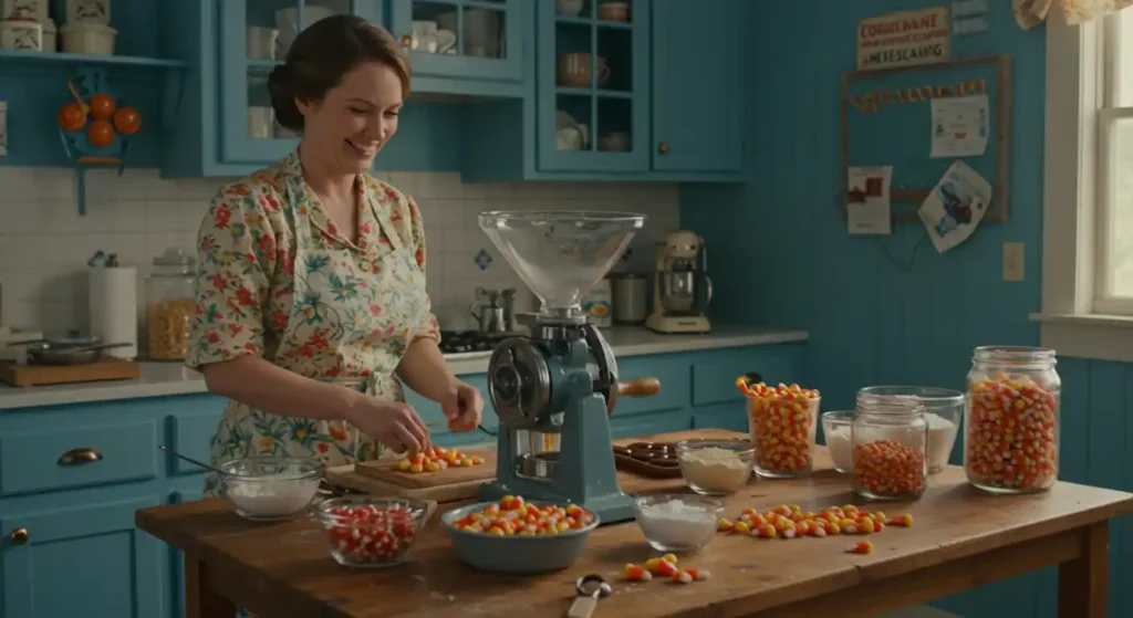 Candy corn being poured into molds during production