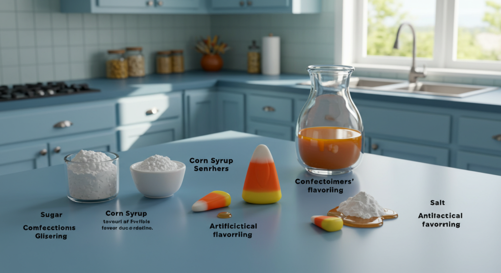 Ingredients used to make candy corn: sugar, corn syrup, honey, and vanilla extract, displayed neatly