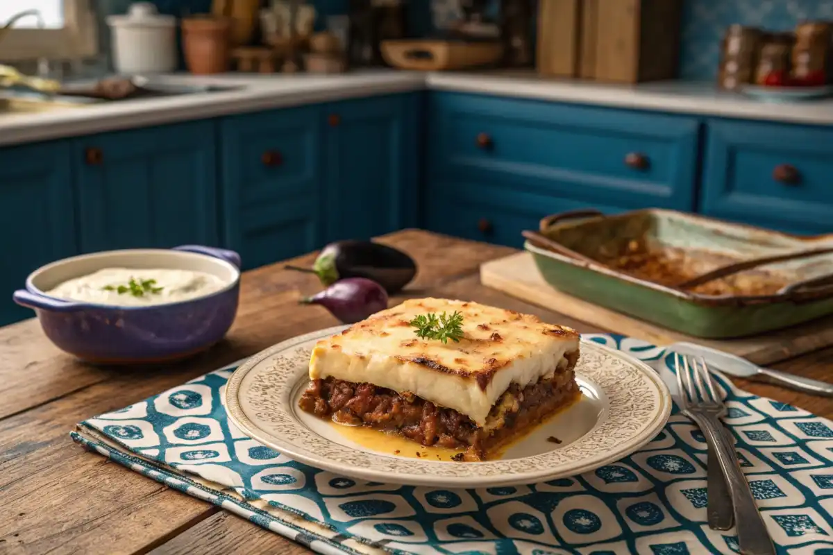 A plate of moussaka with layers visible