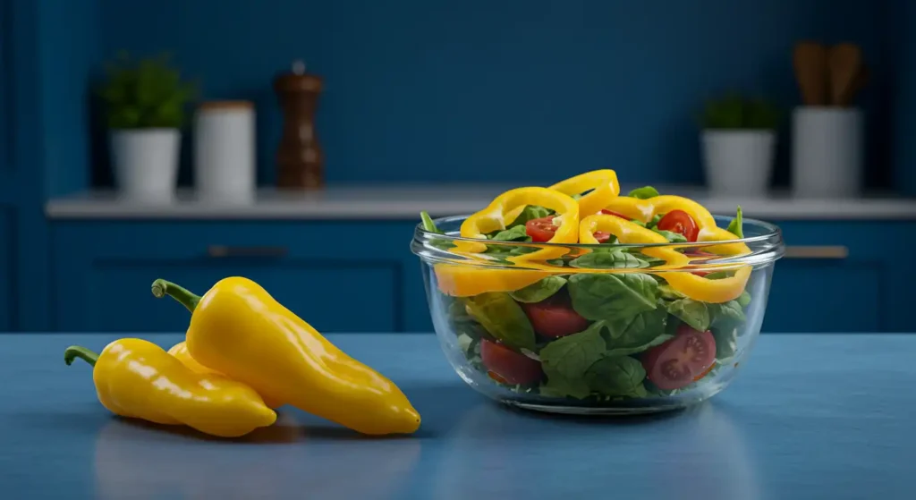 Close-up of a fresh salad topped with sliced banana peppers.