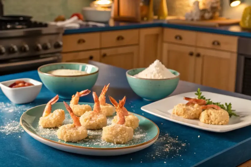 fresh shrimp being coated in flour mixture