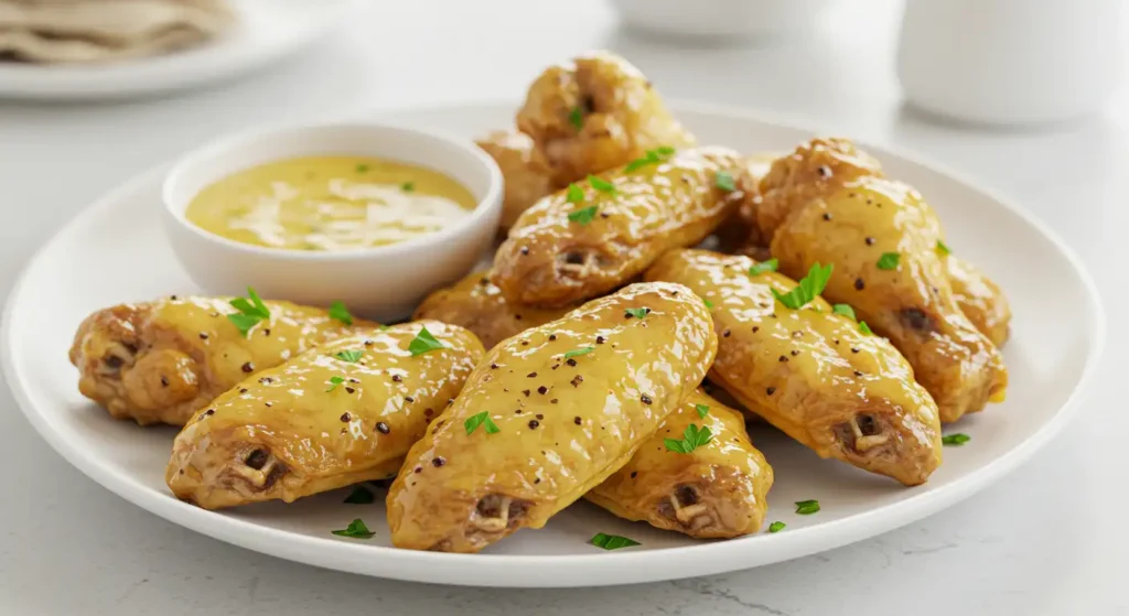 A plate of honey-mustard glazed chicken wings sits next to a small bowl of dipping sauce. What is lemon pepper sauce made of?