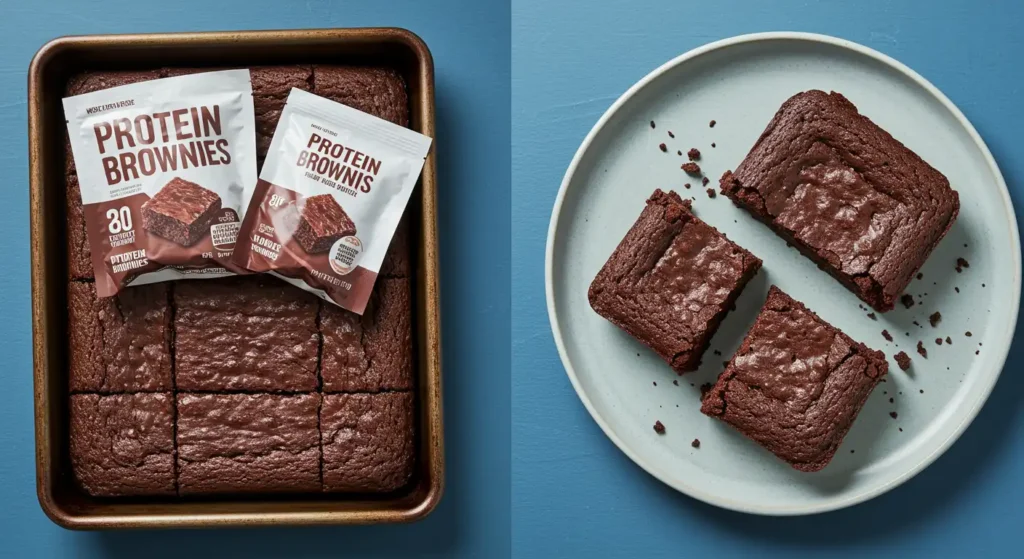 Store-bought protein brownies alongside homemade brownies”