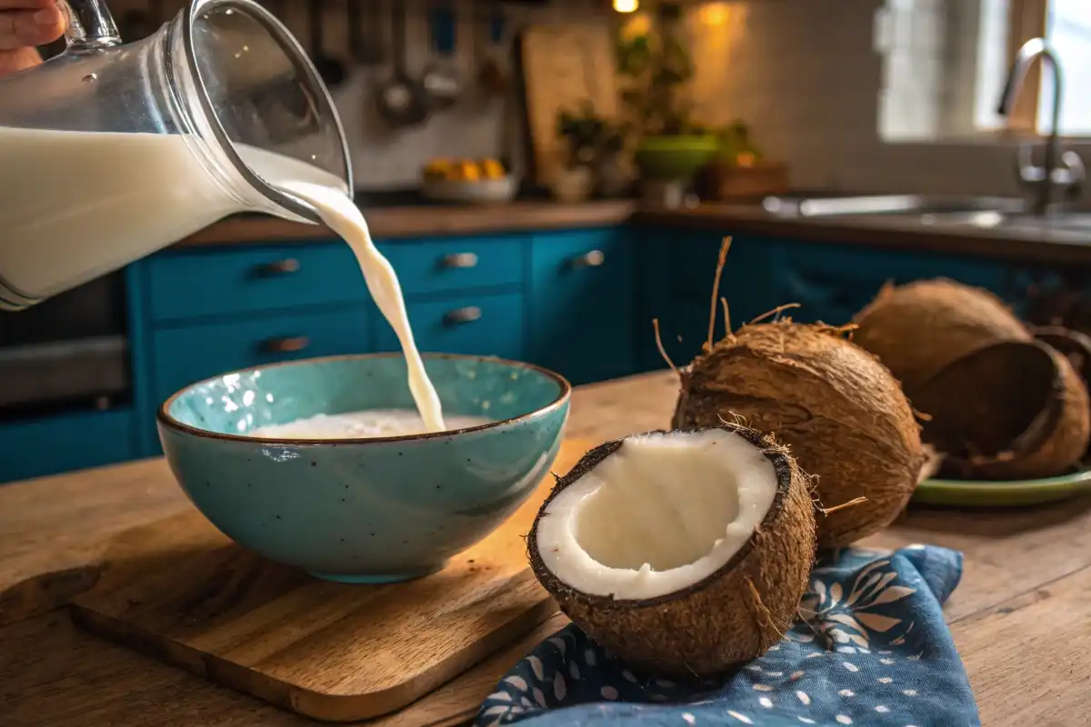 Coconut milk pouring from coconut