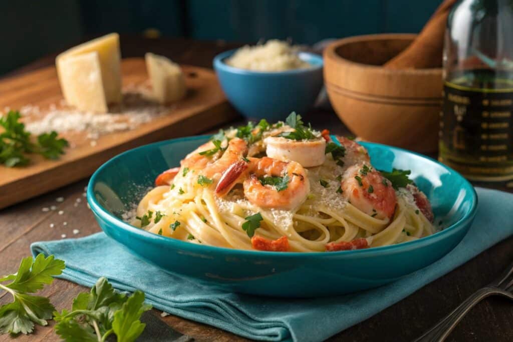 Langostino pasta with garlic sauce	