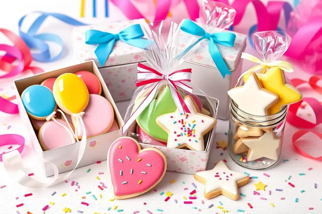 Festive birthday cookies packaged in decorative tins and clear bags with ribbons