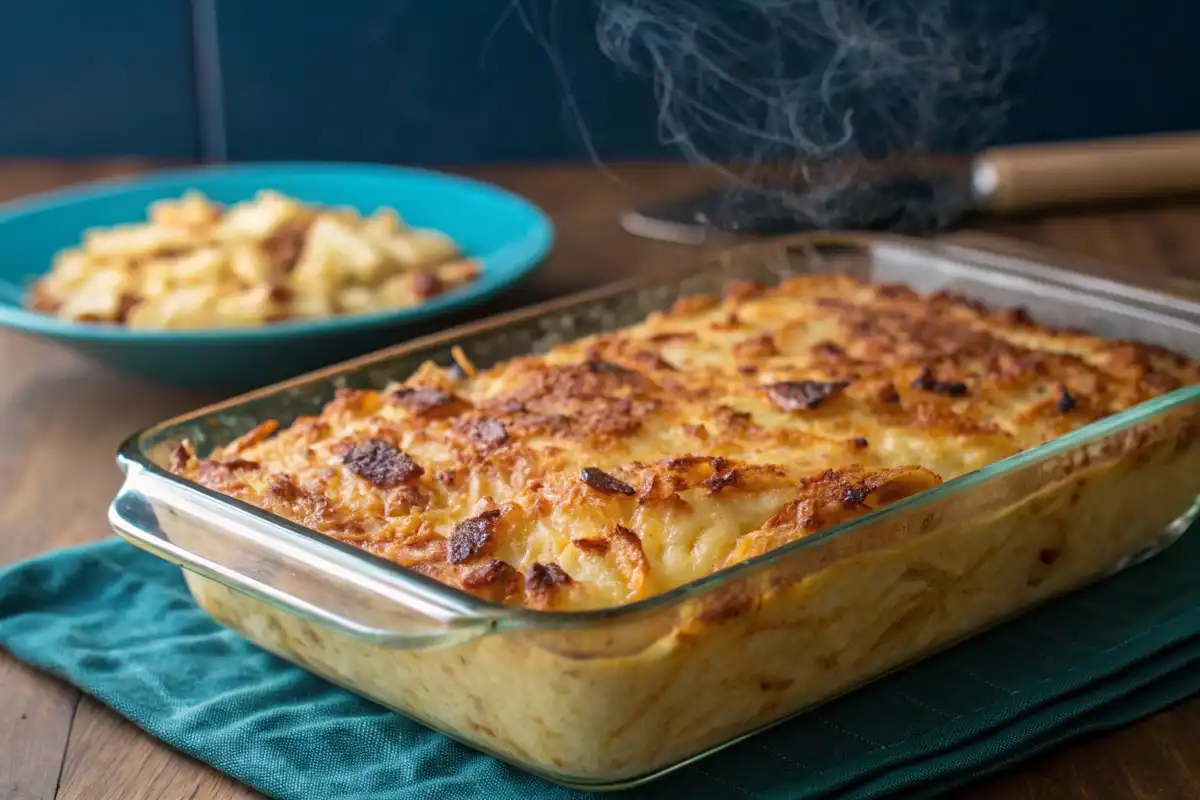 Golden potato kugel in a baking dish