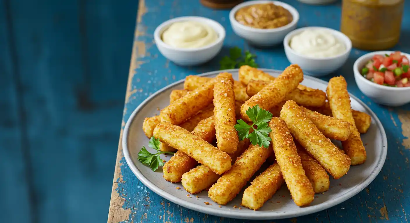 Crispy golden potato sticks on a white plate