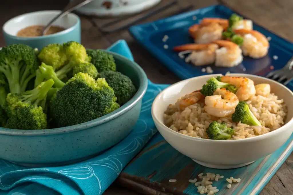 Steamed broccoli and brown rice with bang bang shrimp