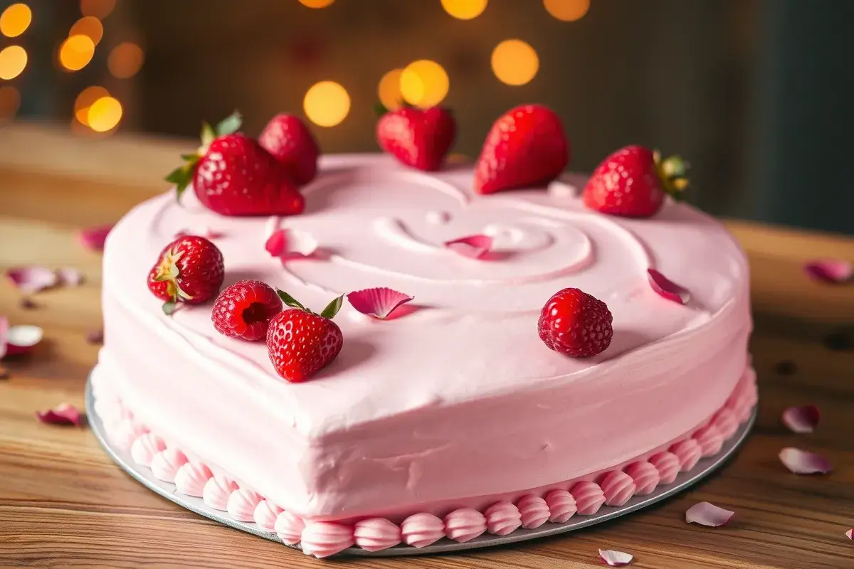 A beautiful heart-shaped cake with pink frosting and fresh berries