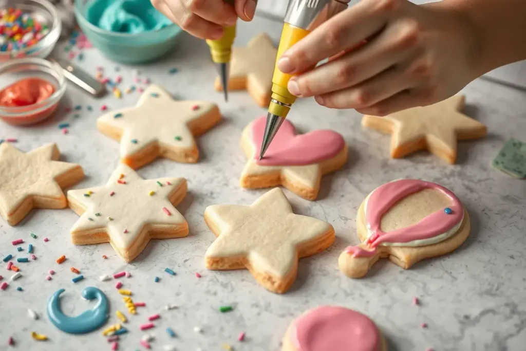 Custom birthday cookies being decorated with royal icing and colorful sprinkles