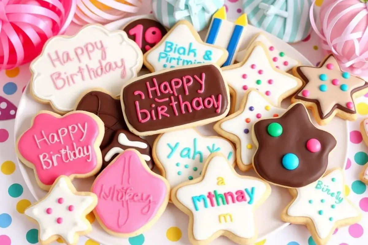 An assortment of colorful birthday cookies decorated with icing, sprinkles, and fun shapes