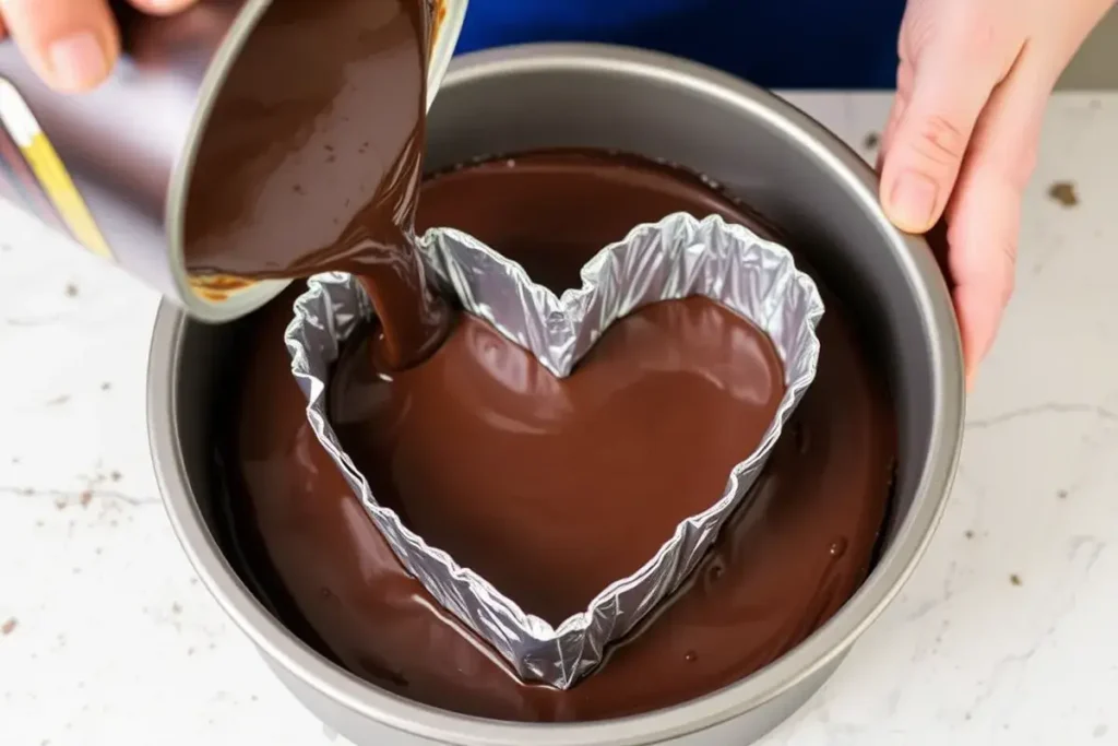 Cake batter being poured into a round pan with a heart-shaped foil mold inside