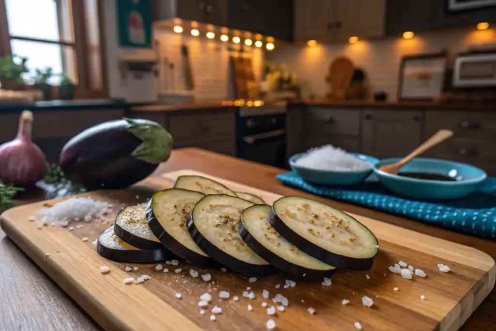 Eggplant slices prepared for musakka