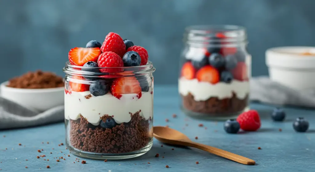 Protein brownie parfait with yogurt and fresh berries