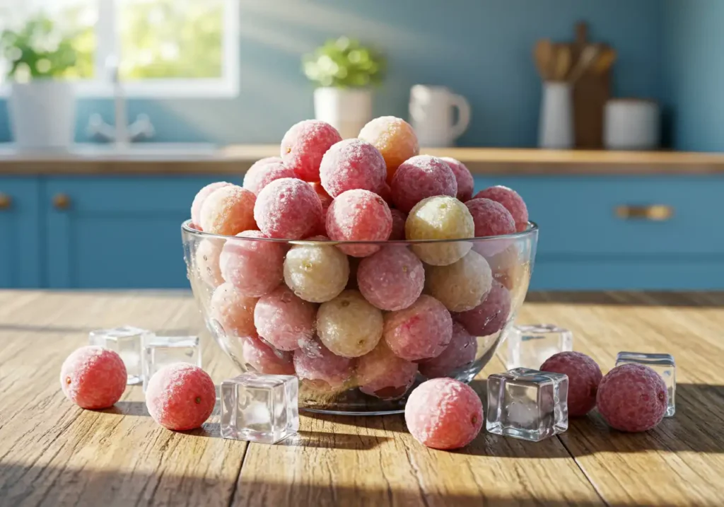 Cotton candy grapes served frozen in a bowl with ice cubes