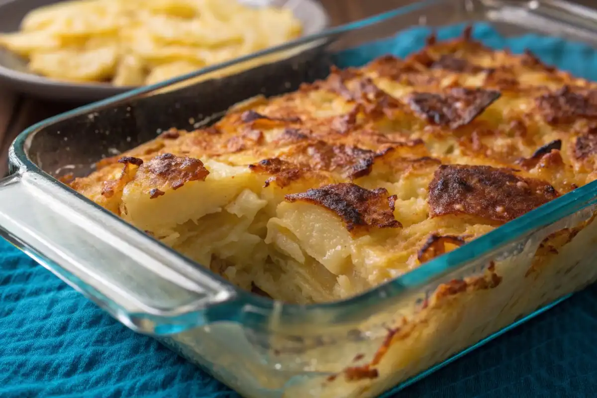 Crispy baked potato kugel in dish