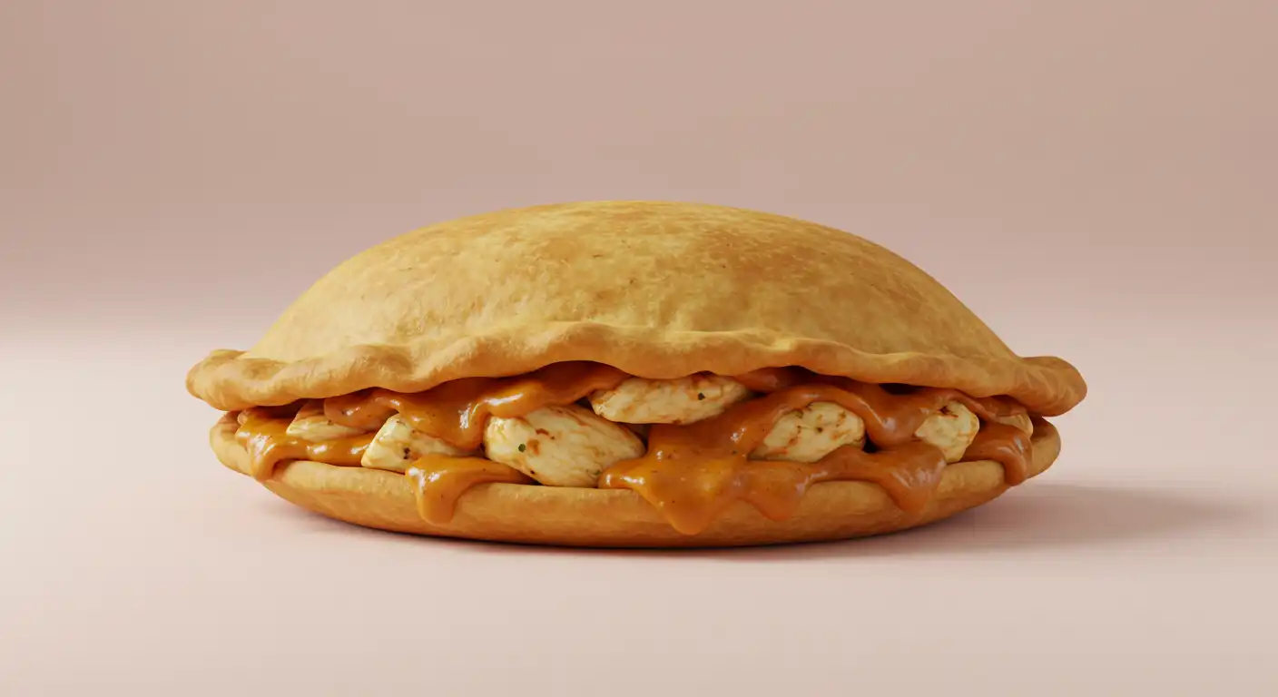 A fried pastry filled with chicken and a creamy sauce sits on a pink background.