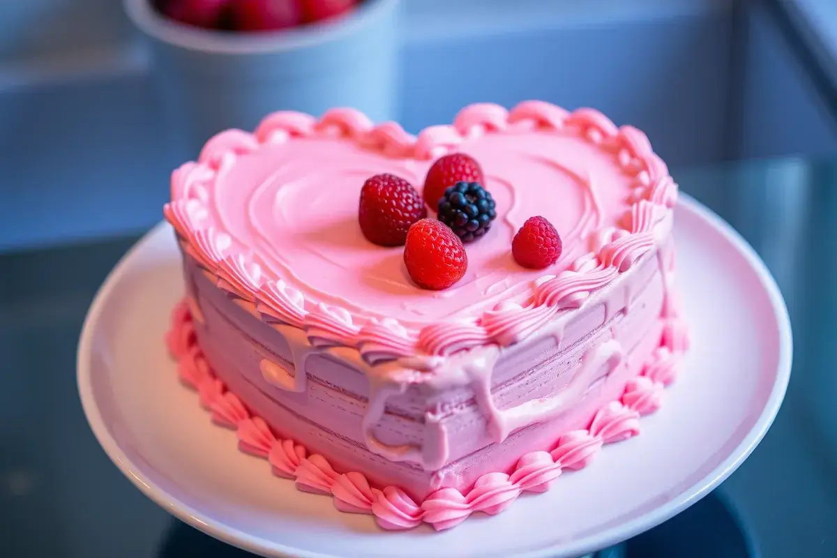 Heart-shaped cake decorated with pink frosting and berries