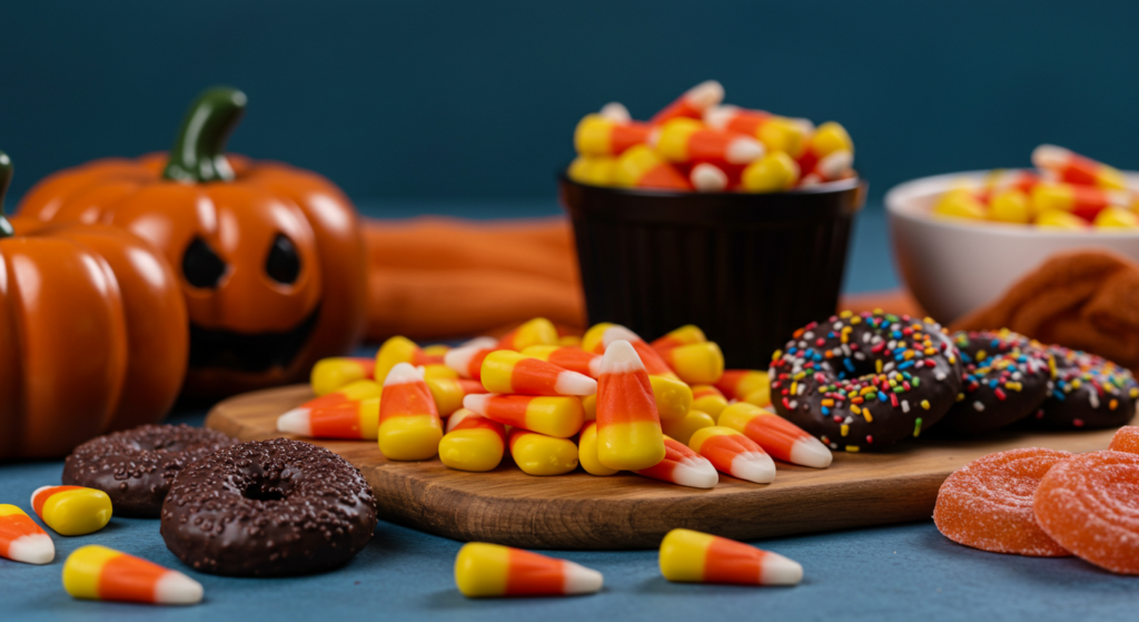 A step-by-step image of homemade candy corn being shaped and colored