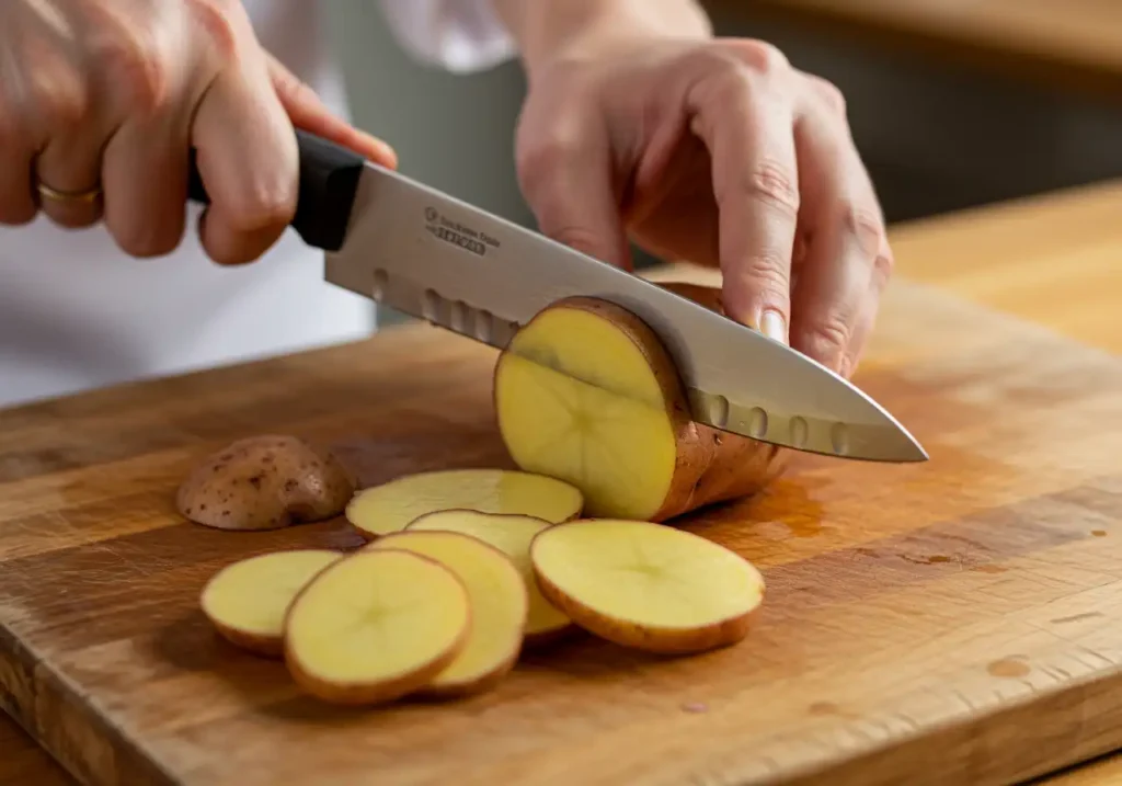 Slicing potatoes into thin strips