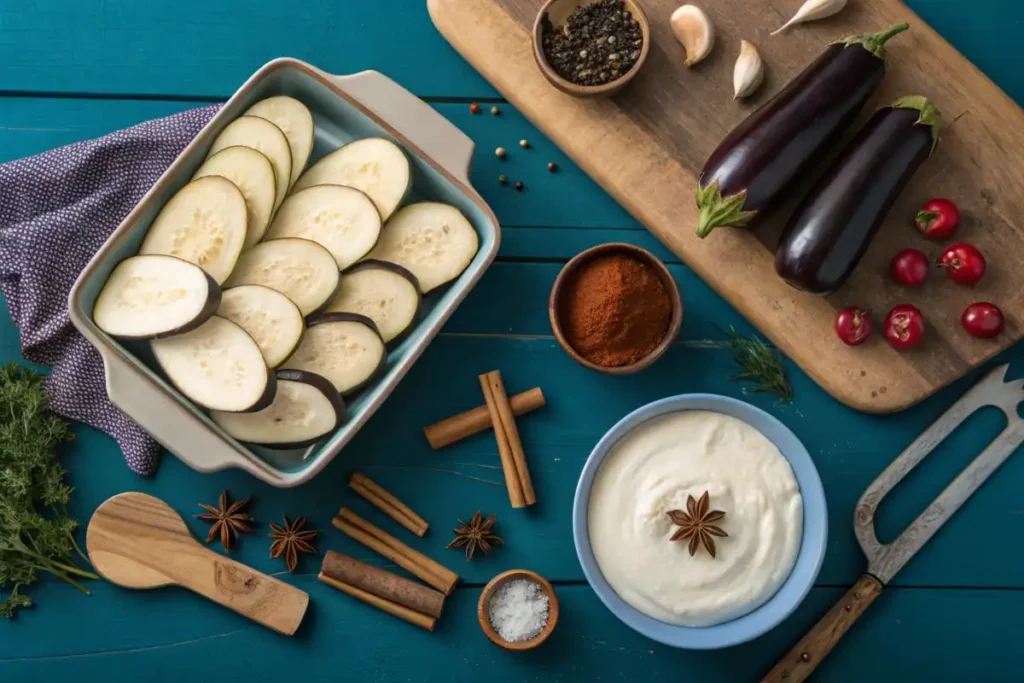 Ingredients for moussaka (eggplants, spices)	