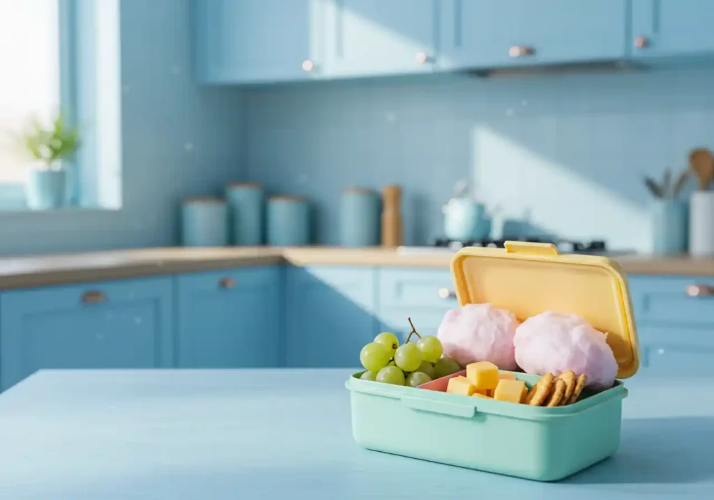 A lunchbox with cotton candy grapes, cheese cubes, and crackers