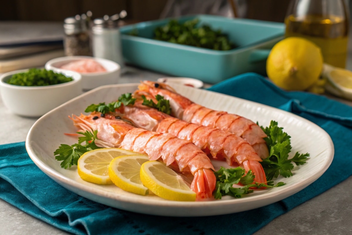 Cooked langostino tails on a plate