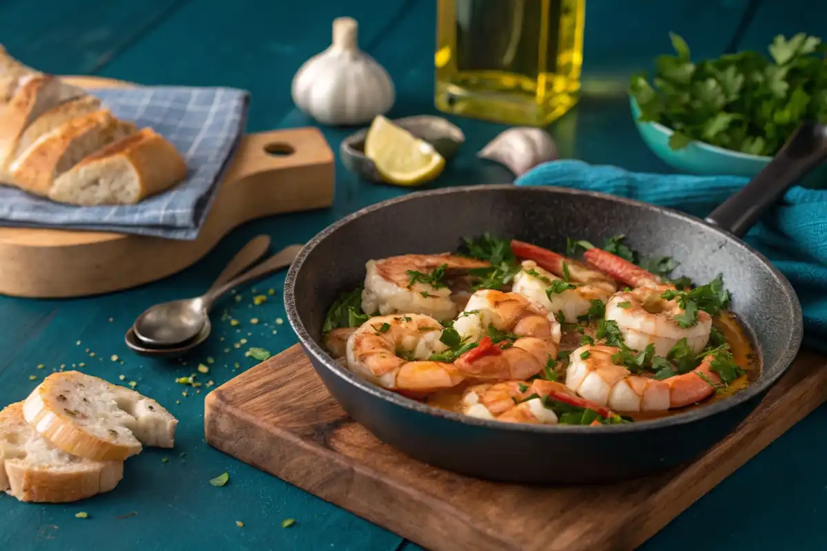 Cooked langostino tails in a skillet