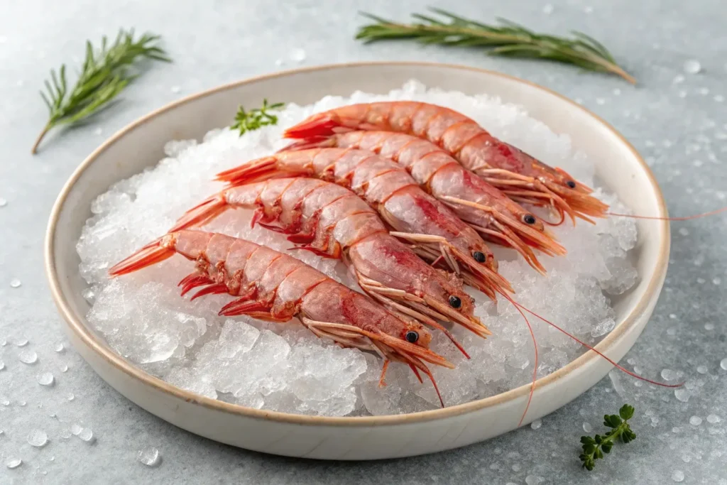 Langostino tails displayed on ice