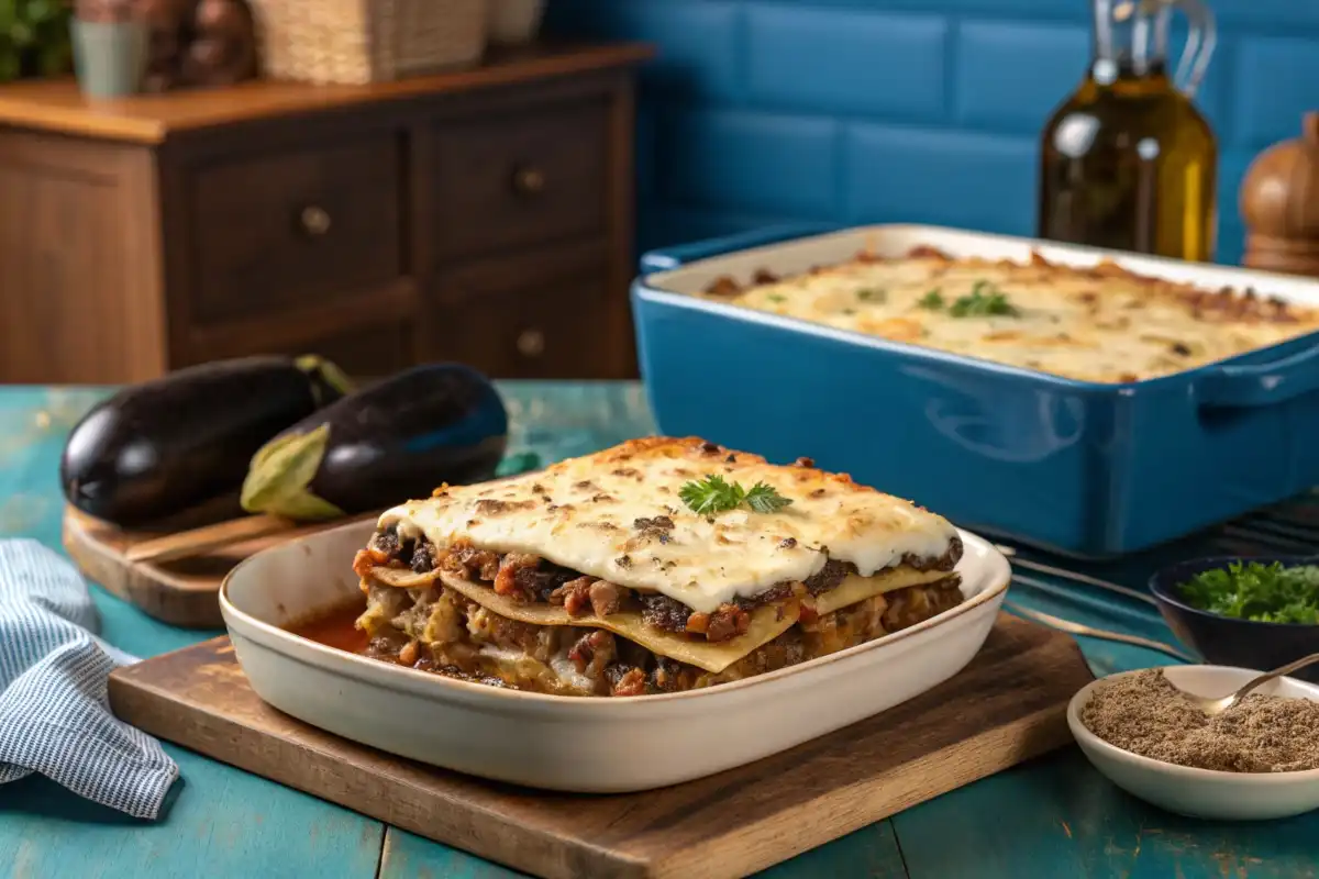 A plated musakka dish with layered eggplant