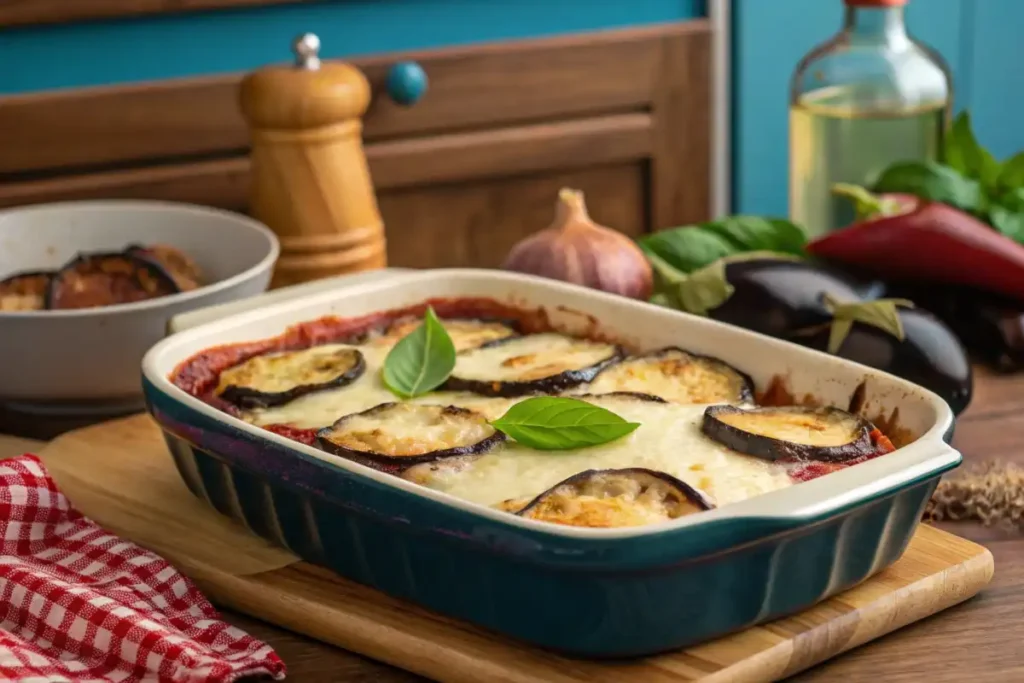 Melanzane alla Parmigiana in a baking dish	