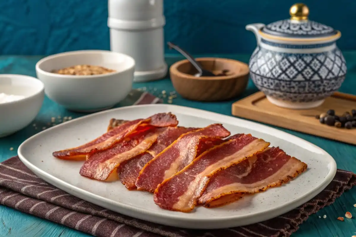 Can Muslims eat beef bacon strips arranged neatly on plate